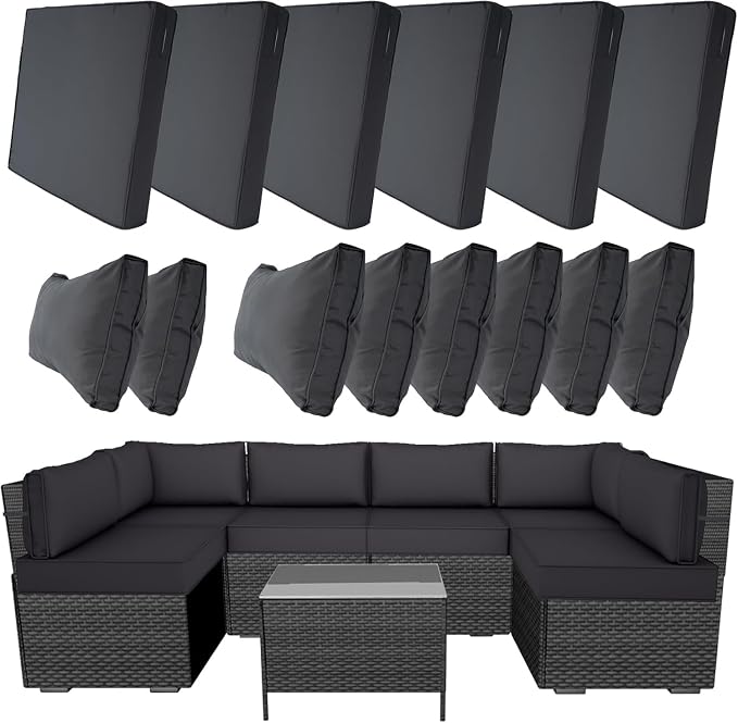 14 Piece Outdoor Patio Cushion Covers Replacement, Waterproof Outdoor Furniture Cushion Covers, Fit 7 Pcs 6 Seater Wicker Rattan Conversation Sofa Set,Dark Gray(Only Cover) 25.6x25.6in