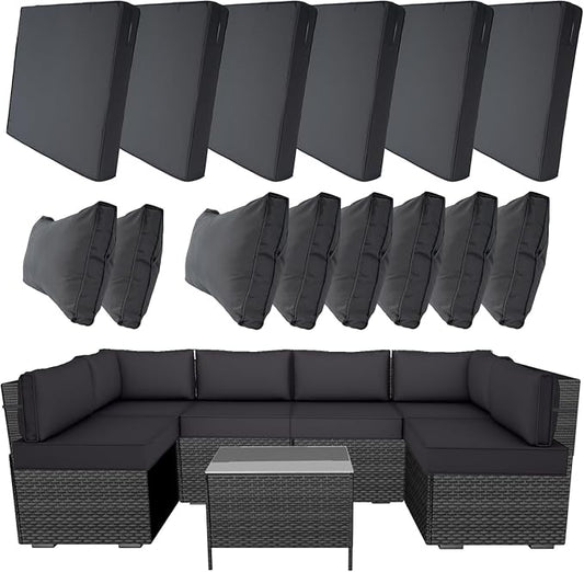 14 Piece Outdoor Patio Cushion Covers Replacement, Waterproof Outdoor Furniture Cushion Covers, Fit 7 Pcs 6 Seater Wicker Rattan Conversation Sofa Set,Dark Gray(Only Cover) 25.6x25.6in