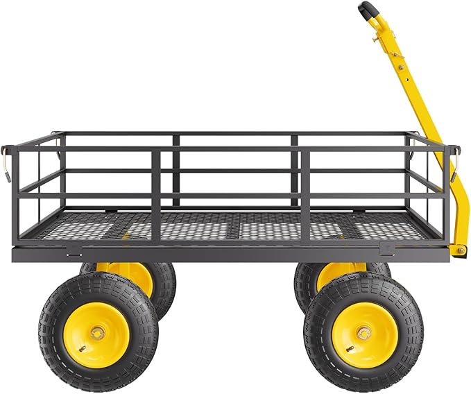 VEVOR 1200 Lbs Steel Garden Cart, Heavy Duty Pullable Garden Wagon Yard Cart, 2 in 1 Outdoor Metal Utility Wagon Yard Trailer with 13" All Terrain Tires, Mesh Removable Sides and 180°Rotating Handle