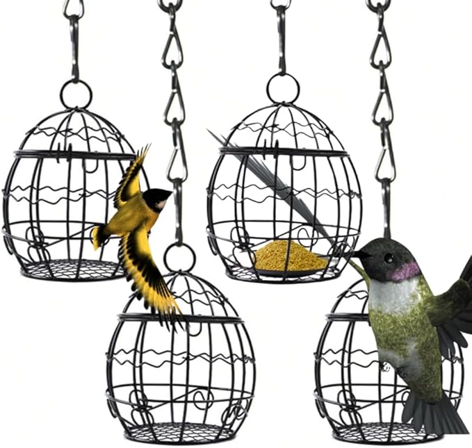 Bird Feeder, Suet Ball Feeders for Outside Hanging, Metal Hanging Bird Feeder with Hooks, Fat Ball Bird Feeder Suet Feeder for Wild Birds Outdoor Garden (Black,4 pcs)
