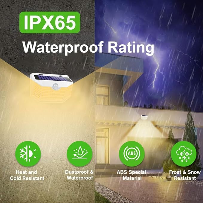 HMCITY 120 LED Solar Lights Outdoor with Motion Sensor and 3 Lighting Modes, IP65 Waterproof Wide Solar Wall Lights Ideal for Garden Patio Yard (Front Button 8Packs, White Shell-Warm White)