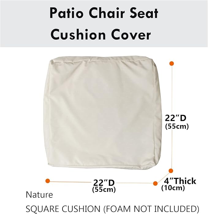 Patio Seat Cushion Covers,Washable Slip Covers Replacement,Waterproof Outdoor Furniture Chair Cushion Pillow Seat Cover for Couch,Garden,Sofa,Khaki,22"×22"×4"(2 Covers Only)