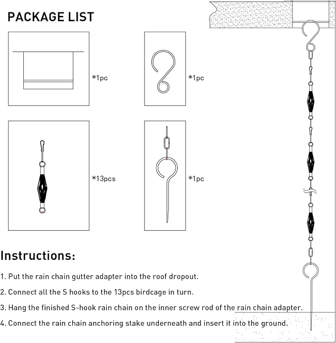 Rain Chain Bird Cage Set 8.5Ft, Wrought Iron Rain Chains for Gutters with Adapter Gotta Drain and Anchoring Stake,13 Birdcage, 1 Hook, Not Rust,Adjustable Length for Garden (Blue Gray)