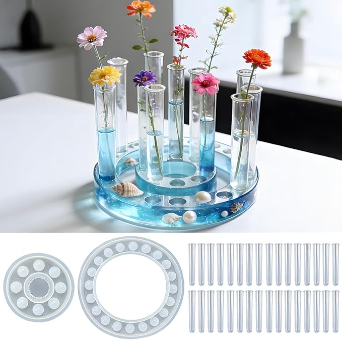 Flower Vase Resin Molds Silicone， Circular and Curved Silicone vase Base+32 Flower Arranging Test Tubes, Suitable for Inserting Fresh Flowers and Cultivating Plants, Desktop Vases Home Decor (D)