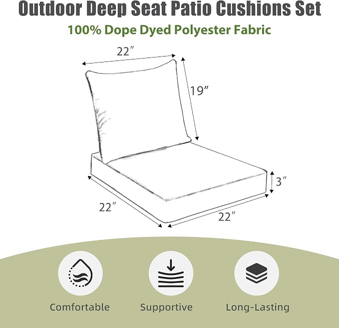Favoyard Outdoor Deep Seat Patio Cushions Set, 22 x 22 Inch Rainproof & 3-Year Fade Resistant Patio Furniture Cushion, Removable Bottom & Back Cushion with Ties for Yard, Garden, Teardrop Blue