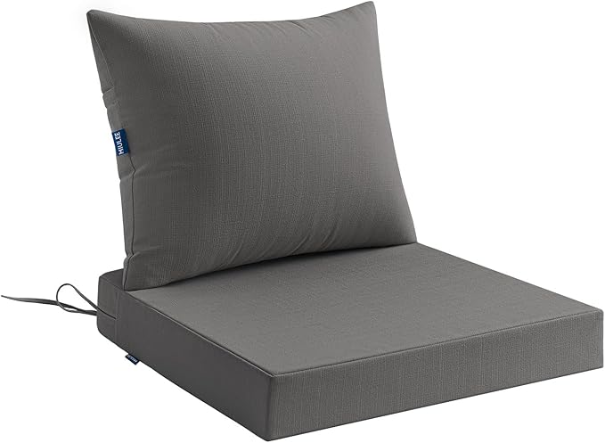 MIULEE Dark Grey Outdoor Seat Cushion Set 24x24 Inch Linen Textured Waterproof & 3 Year Color Fastness Seat and Back Cushion with Ties No Slip Design for Patio Furniture Chair Sofa Couch