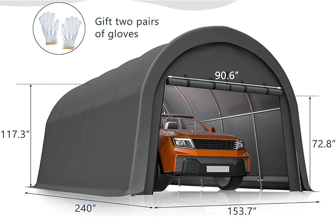 12x20 FT Anti-Snow Carport, Heavy-Duty Portable Garage with Steel Frame & Vented Roof, Removable Double-Zipper Door, Waterproof Outdoor Storage Shelter for Trucks, Boat, Easy Assembly, Grey