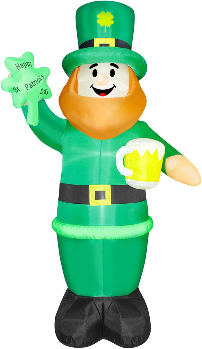 8 FT St. Patrick's Day Inflatable Leprechaun, Blow up Leprechaun Holds Shamrock and Beer Cup Outdoor Decoration with LED Lights, Perfect for Yard Garden Lawn Front Door Holiday Decor