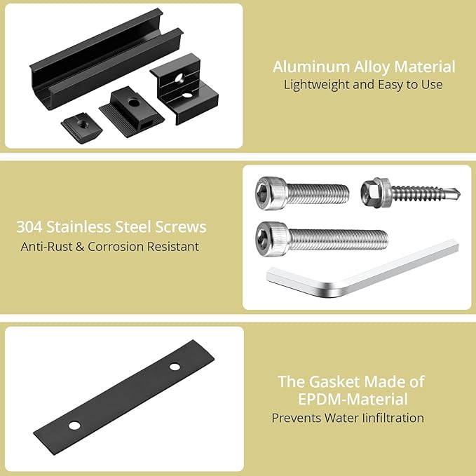 Anbte Solar Panel Mounting Brackets, Included 10 x 4.72 in Rails + 4 end Clamps + 6 Center Clamps + 1 Wrench, Aluminum Solar Mounting Kit for 4 Panels, Waterproof, for Roof, RV, Boat, Black