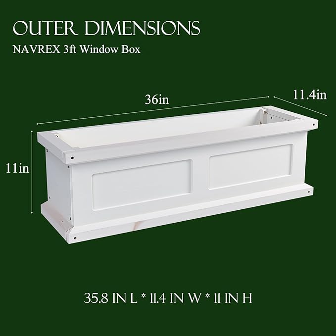 NAVREX 3-Foot Outdoor Flower Window Box, Wall-Mounted Whitewash Window Boxes Planters for Outside Balcony/Windowsills, Patio & Garden or Railing, Fir Wood Window Flower Boxes, Assembly Required