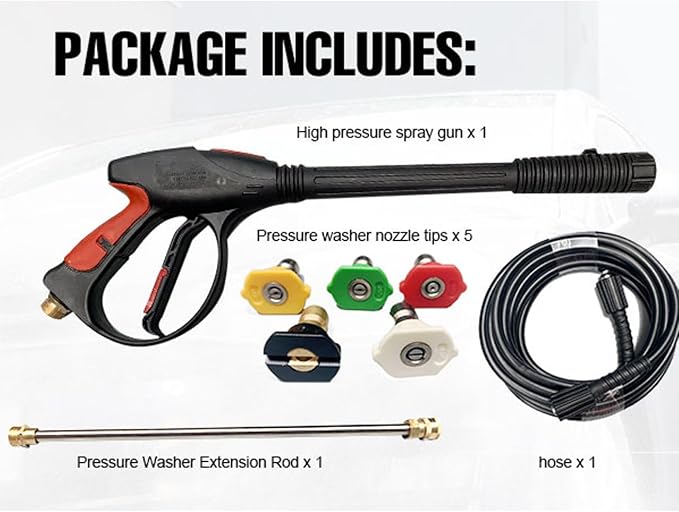 8-Part Pressure Washer Gun Replacement Kit, 5 Quick Connect Spray Nozzles, 3600PSI Power Washer Gun, 26Ft 3000PSI Hose, 19" Jet Wand, Pressure Washer Parts