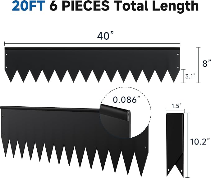 20Ft.Galvanized Steel Landscape Edging(6-Pack)-8"x40" Metal Garden Edging,7 Clips&Gloves,Hammer-in,No Dig,Rustproof,for Landscaping,Tree Rings,Garden,Yard&Pathway–Black