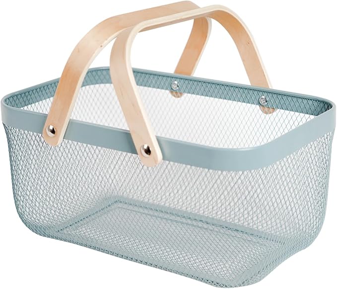 Metal Mesh Steel Harvest Basket, Rectangle Wire Garden Basket with Handle – Multi-Functional Storage Organizer for Gathering Vegetables, Fruits, Kitchen, Garden, Picnic & Cabinet (Blue)