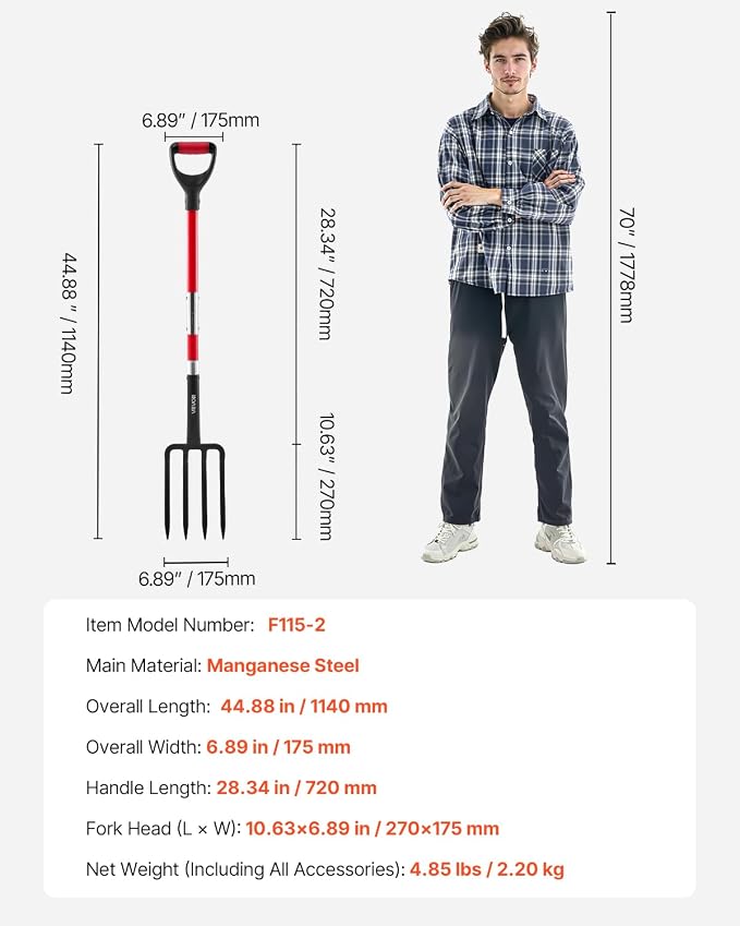 VEVOR Garden Fork, 4-Tine Gardening Pitchfork with Fiberglass Handle, 45 in Heavy Duty Digging Fork with Y Grip, Forged Steel Spading Fork for Hay Potato Composting Transplanting Aeration
