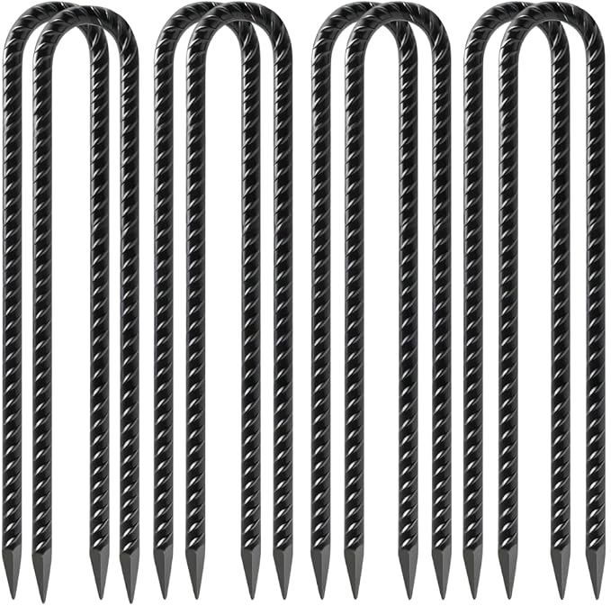 Rebar Stakes 16 Inch 8-Pack Heavy Duty U Hook, Premium Black Coated Ground Stakes for Trampolines, Wire Fencing, Shed Swing, Dog Fence
