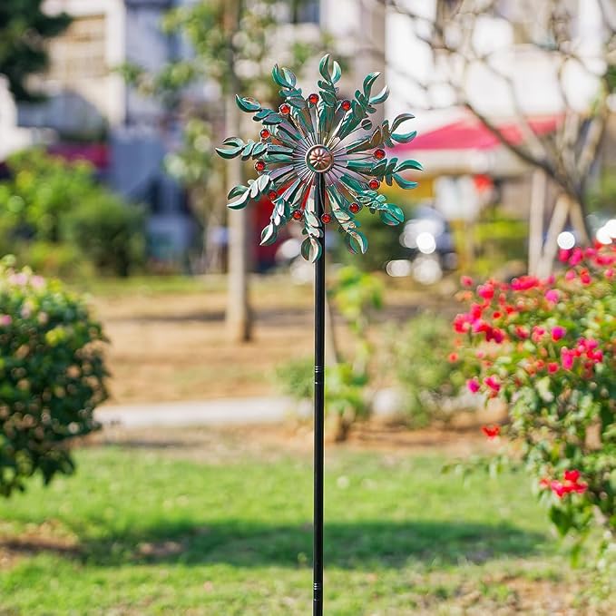 DREAMSOUL 13" Dia Wind Spinners Outdoor with Stake Kinetic Metal Wind Spinner with Red Crystal Accents, Teal Copper Windmill for Yard Garden Decor