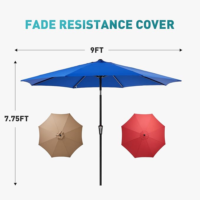 OLIXIS 9FT Patio Table Umbrella with Tilt and Crank Button & 8 Sturdy Ribs Waterproof, 9 Feet Outdoor Patio Umbrella Sun Shade for Poolside, Terrace, Beach and Restaurant, Blue