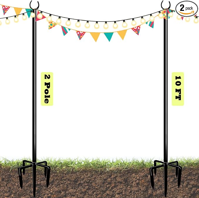 10ft String Light Poles for Outdoors, Outside Light Poles with 5-Prong Base, Suit for Garden, Backyard, Patio, Outdoor Lighting, Matte Black, 2 Packs