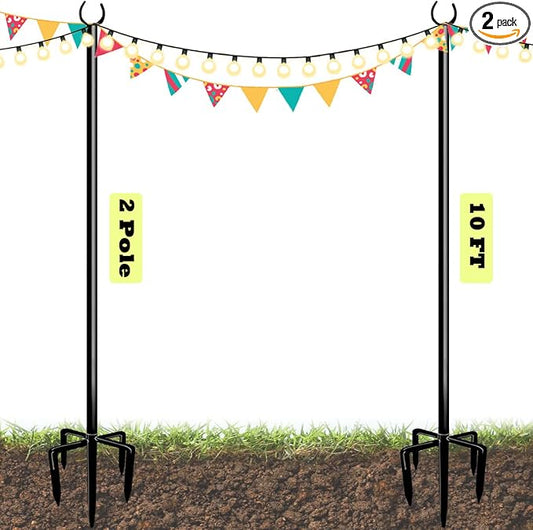 10ft String Light Poles for Outdoors, Outside Light Poles with 5-Prong Base, Suit for Garden, Backyard, Patio, Outdoor Lighting, Matte Black, 2 Packs