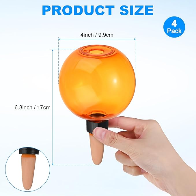 M METERXITY 4-Pack Plant Self Watering Globes, 6.9 oz Plastic Bubble Water Bulbs Top Fill for Indoor/Outdoor Plants, Self Watering Spikes Slow Release Terracotta [Orange]