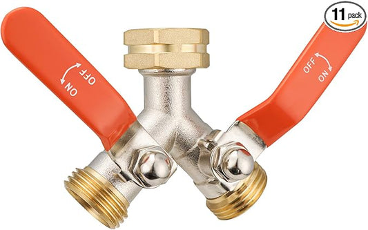 2 Way Hose Splitter, Brass High Flow Garden Hose Splitter Heavy Duty, Hose Connector, Water Spigot Splitter, Full Flow Faucet Splitter with shutoff, 3/4” GHT Inlet