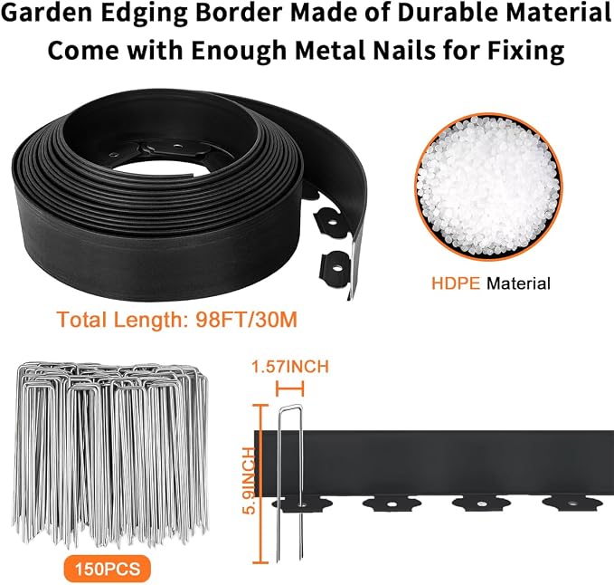 Garden Edging Border 3IN x 98FT, Landscape Edging Flexible Lawn Edging Kits with 150pcs Metal Spikes, Plastic Fence Border, Tool-Free Edge for Flowerbeds, Yard, Paving, Pathway
