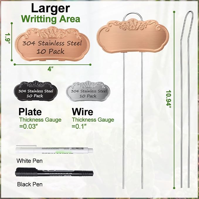 30 Packs Metal Plant Labels, Tall Outdoor Garden Markers for Flowers, Fruits and Vegetables, 304 Stainless Steel Weatherproof Signs (4" x 1.9", Silver, Black and Gold)