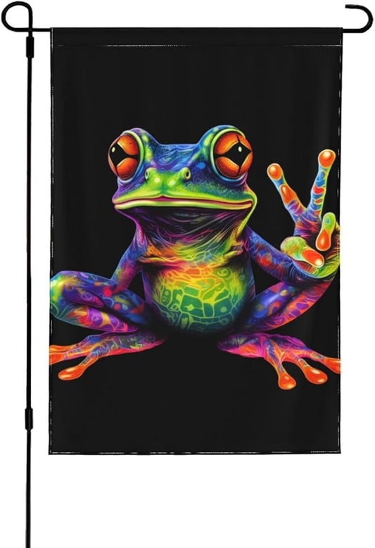 Delerain Colorful Peace Frog Garden Flag, 12.5 x 18 Inch Double Sided Design Weather Resistant Indoor & Outdoor Decoration Small Banner For Home Yard Lawn Patio Office