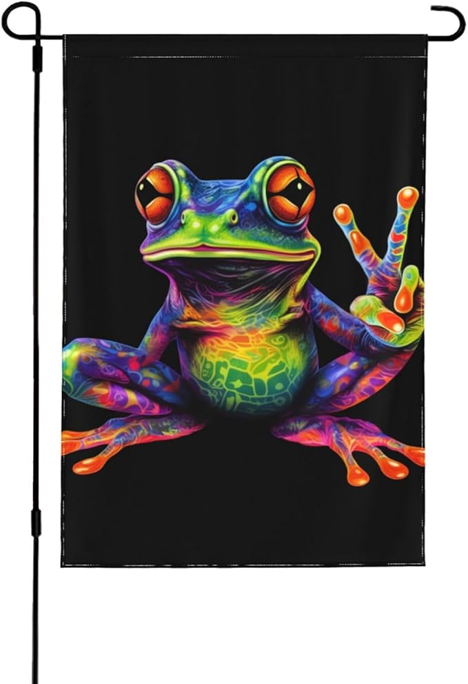 Delerain Colorful Peace Frog Garden Flag, 28 x 40 Inch Double Sided Design Weather Resistant Indoor & Outdoor Decoration Small Banner For Home Yard Lawn Patio Office