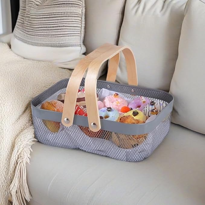 AJIODA Metal Mesh Steel Basket, Storage Organizer Basket Garden Harvest Basket Multi-functional Kitchen Fruit Baskets Bin with Wooden Handle for Bathroom Picnic Shopping Decor Cabinet Home, Grey