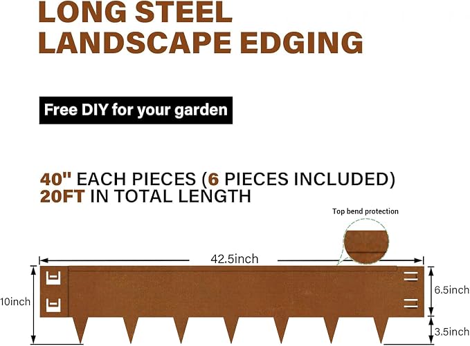 Cor-Ten Steel Landscape Edging 40 Inch Strips, 10-Inch Depth Metal Landscape Edging, 6-Pack Metal Garden Edging with Gloves, Bendable Rust Edging for Landscaping