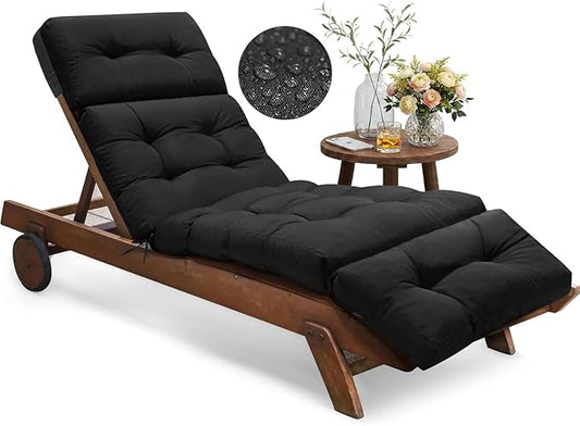 Outdoor Chaise Lounge Chair Cushion Replacement 74.4 x 22 x 4.7 Inches Memory Foam Waterproof Lounge Chair Cushions for Outdoor Furniture with Ties, Thickened Lounge Chair Cushions, Black