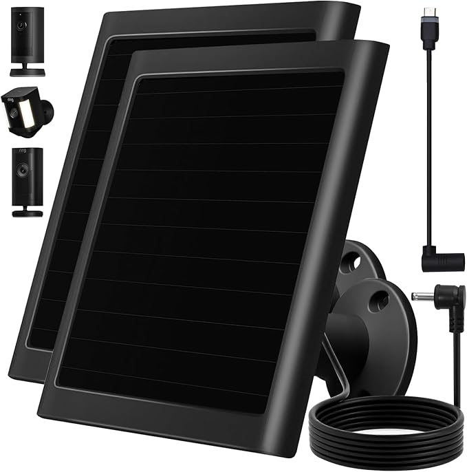 6W Solar Panel Charger for Ring Camera, Compatible with Ri ng Stick Up Camera and Ring Spotlight Plus/Pro Camera Battery, Waterproof (Black 2Pack)