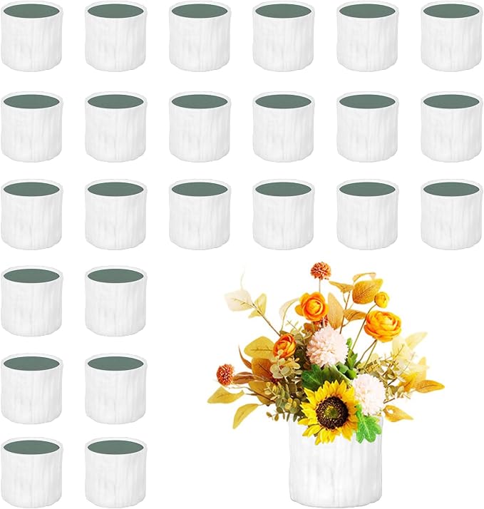 24 Set Plastic Cylinder Planter Box Round Plastic Flower Box with Removable Foam Blocks Liner White Round Vase for Centerpiece Home Wedding Garden Craft Decor (White Bark)