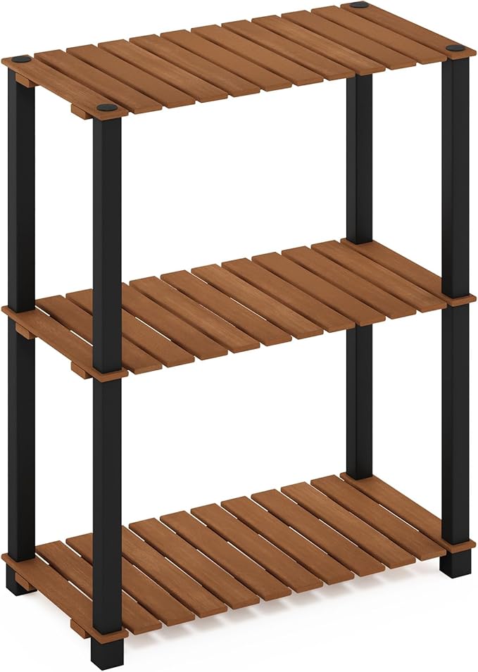 Furinno Pangkor 3-Tier Turn-N-Tube Indoor Outdoor Plant Shelf Wood Stand with Square Poles, Natural/Black