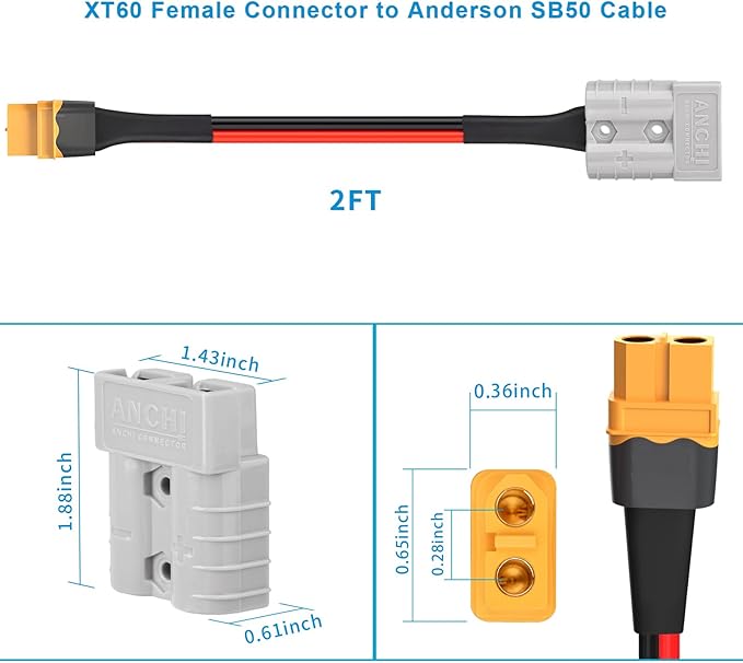 ELFCULB 10AWG 2FT Anderson SB50 Battery Quick Connect/Disconnect to XT60 Female Cable SB50-XT60 Connector Cable for RC Battery Solar Panel and Solar Portable Power Station