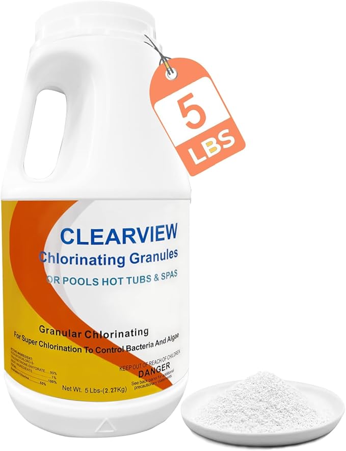 ClearView Chlorine Granules 5 Lbs for Swimming Pools, Pool Chlorine Shock Granular Sanitizer for Spas, Fast Dissolving Chlorinating Granules for Hot Tubs