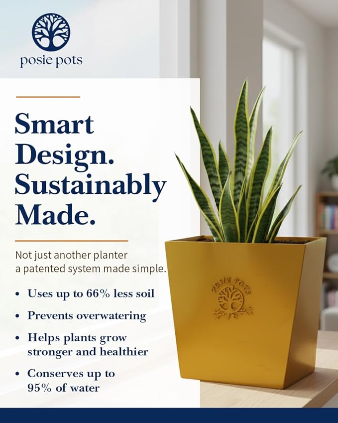 Posie Pot Medium Twisted Square - Self Watering Planter 5x5 Inch - Indoor Plant Pot with 30 Day Reservoir - 3D Printed Bioplastic - No Guilt Plant Care - Made in USA, Gold