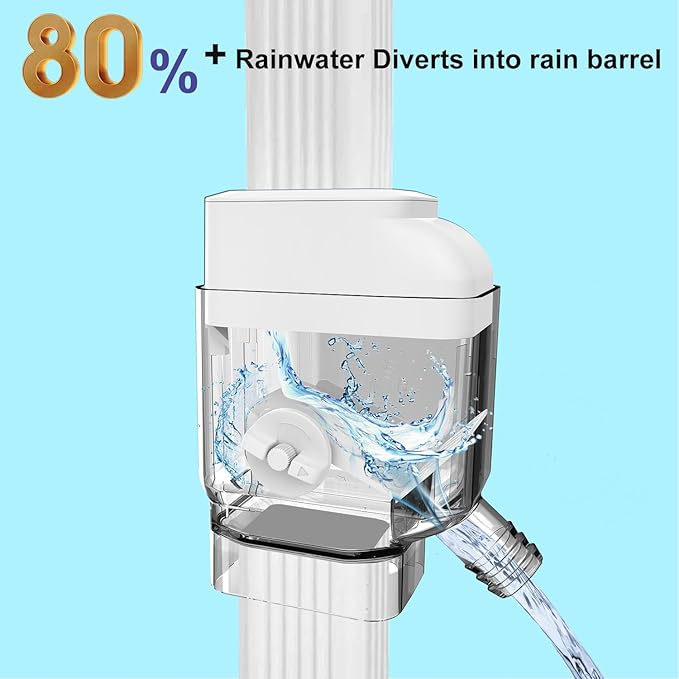 Prestantious Gutter Downspout Diverter with Built-in Filter Screen Fits for 2"x3" and 3"x4" Downspout, Rainwater Collection System with Adjustable Valve and 4ft. Hose, Diverts Large Water Flow, White