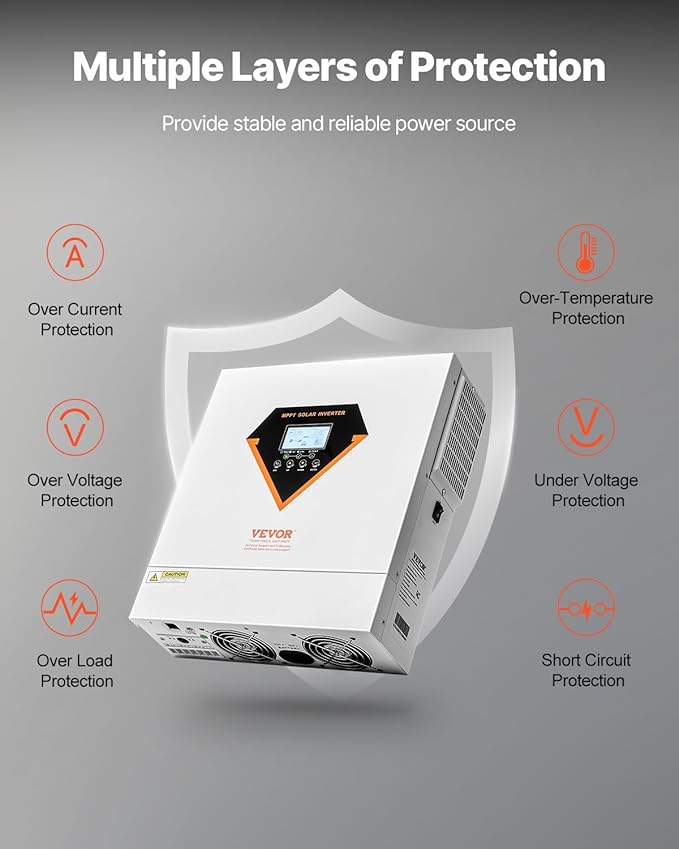 VEVOR Hybrid Solar Inverter, 3000W, Single Phase Pure Sine Wave Power Inverter, 24V DC to 110/120V AC, with Built-in 100A MPPT Solar Charge Controller, for Off-Grid System Lead Acid Lithium Battery