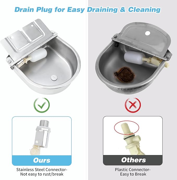 FHTONGE 304 Stainless Steel Automatic Dog Water Bowl Dispenser with Drainage and Float Valves, Large Auto Fill Dog Waterer for Outdoor Big Dog Livestock Poultry Horse Cow Goat Pig Chicken Duck Rabbit