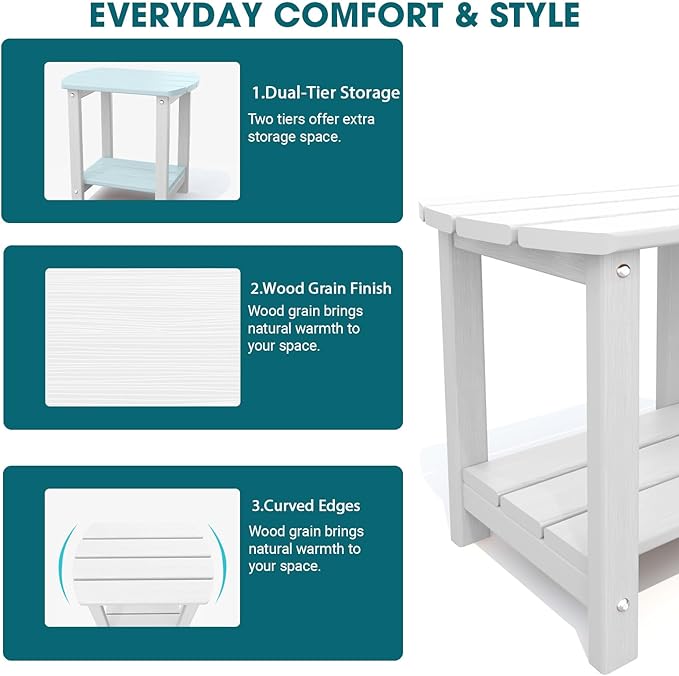 THOEOE Adirondack Outdoor Side Table, 2-Tier Sturdy Patio End Table Weather Resistant, Morden Side Table for Patio, Pool, Porch, White