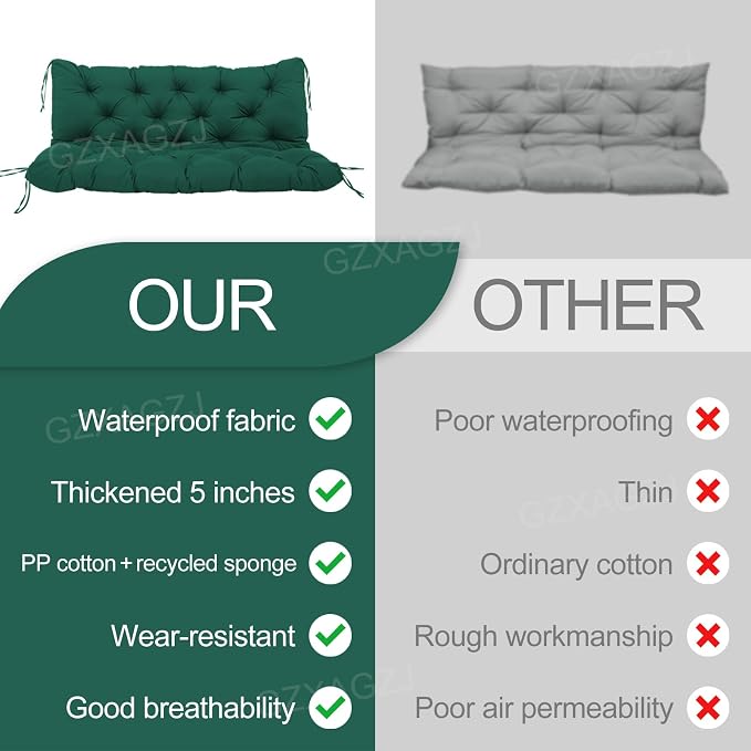 Outdoor Swing Cushions 48 inch Waterproof Porch Swing Cushions 2-3 Seater Replacement with Backrest and Ties Swing Bench Cushions for Outdoor Furniture Patio Porch Backyard Garden(Dark Green)