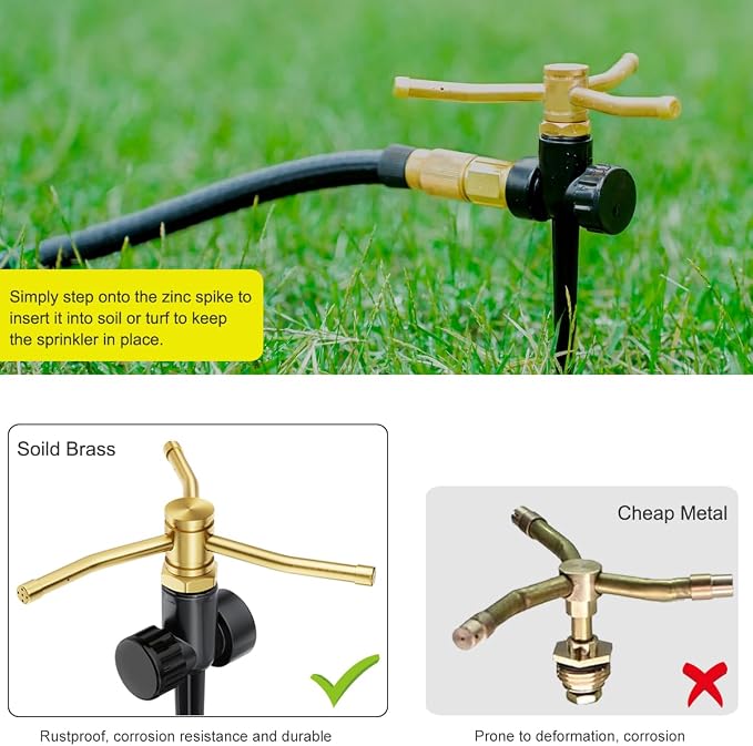 FANHAO 2 Pack Metal Lawn Sprinklers with Spike Base, Heavy Duty Automatic Rotary Garden Sprinkler System, 3-Arm Water Sprinkler 360 Degree Large Area Coverage for Plant, Flower Bed and Patio