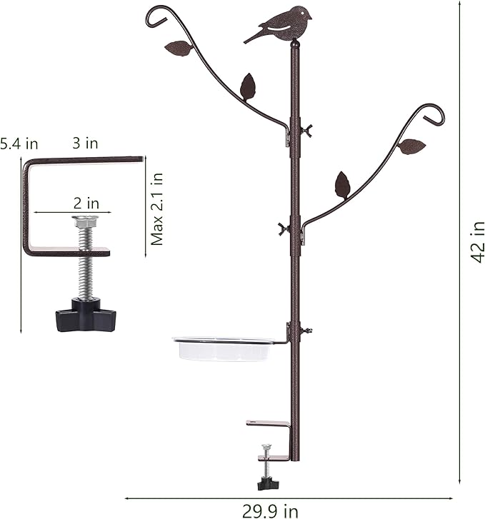 YINGYM Deck Bird Feeder Pole Porch Multi-Hooks Hanging Kit for Outside with Two Adjustable Branches, Water Bowl, Bird Feeder Planter Hanger