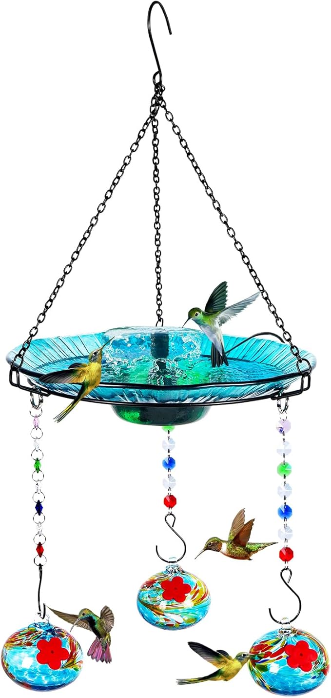 HEADAK LIFE Hummingbird Feeder and Bird Bath for Outdoors 2-in-1 for Small Birds - Hummingbird Bath Fountain with 3 Red Feeder Pots - Hanging Solar Bird Bath Fountains NY1-FN04