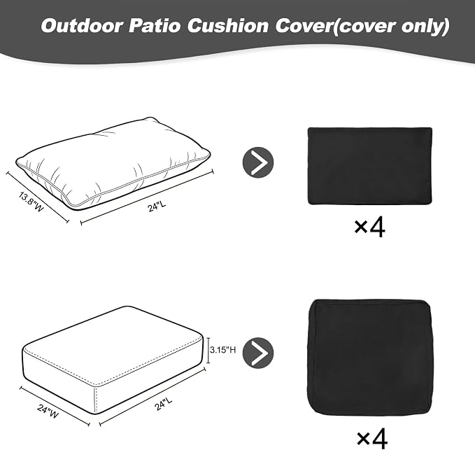 8 Pcs Outdoor Cushion Covers, Replaceable Waterproof Patio Furniture Covers, Outdoor Furniture Sofa Couch Covers with Zippers, Cover Only (8Pcs-Black, 24 * 24 * 3.15-inch)