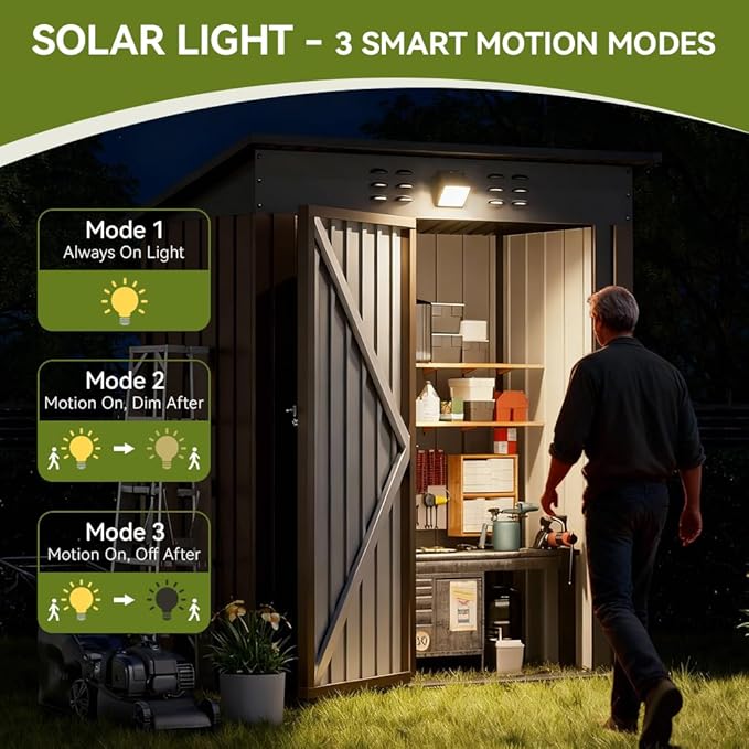 COMHOMA Shed Storage Outdoor Metal Windowed Lockable Solar Motion Light Adjustable Weatherproof Ventilated Backyard Garden Utility Workshop(Brown,5'*3')