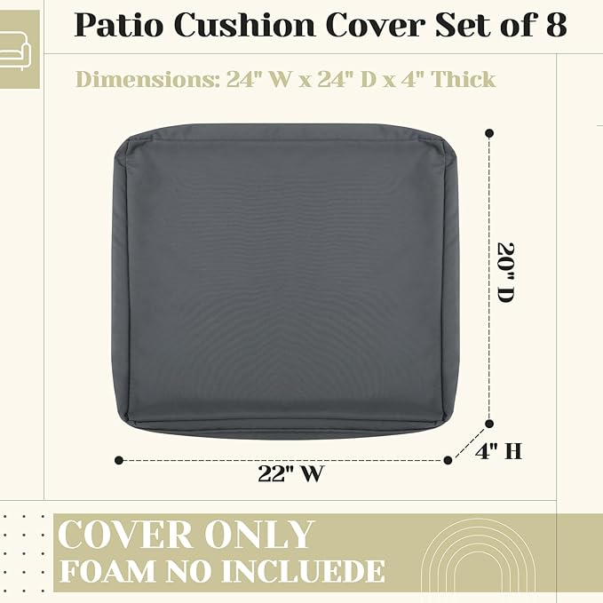 Mindsoft 8 Pcs 22"x20" Patio Cushion Covers Outdoor Cushion Covers Replacement High UV Resistant Anti Slip Waterproof Patio Chair Seat Slipcovers for Outdoor Furniture(Dark Gray)