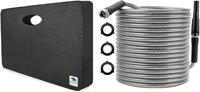 RUGGED RHINO Kneeling Pad, 17.5x11x1.3, Onyx Black and Metal Garden Hose, 25FT, Black Bundle